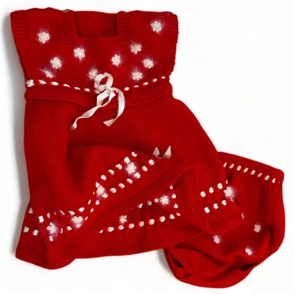 Red Knitted Baby Dress with White Accents